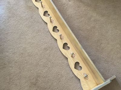 Wooden Wall Shelf with Heart Cutouts and Pegs - Home Decor Storage
