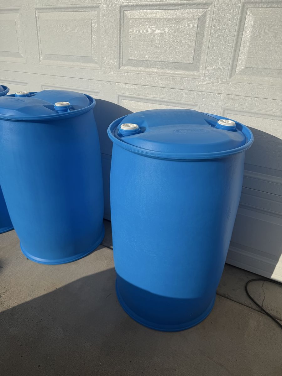 Blue Plastic 55-Gallon Water Storage Barrels