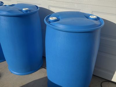 Blue Plastic 55-Gallon Water Storage Barrels