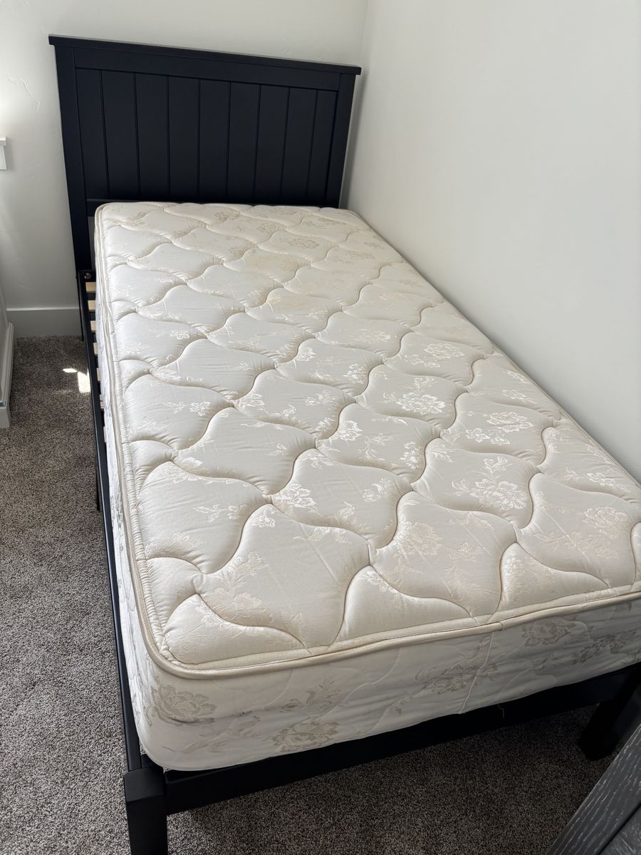 Twin Size Bed Frame with Headboard and Mattress - Black Wood Finish, Classic Design