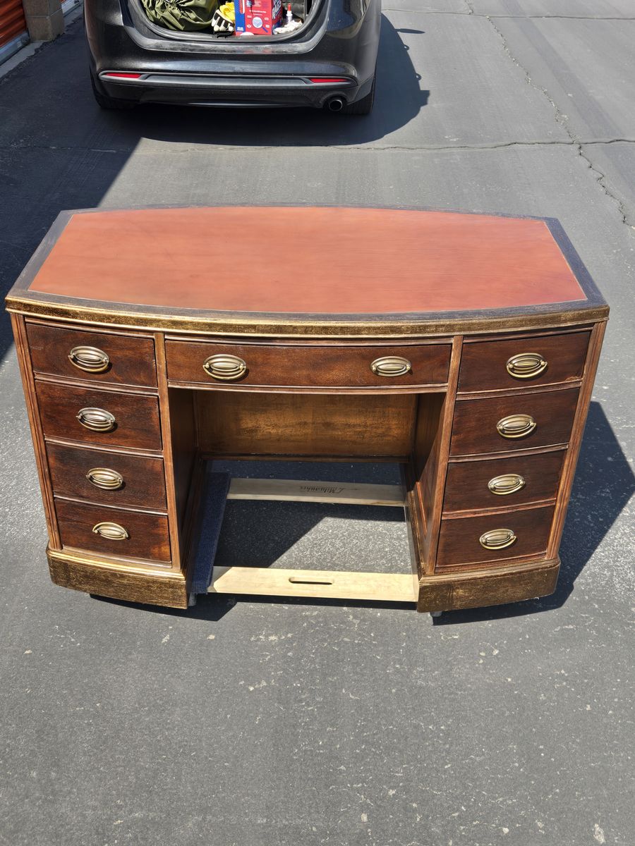 Refinished Vintage Solid Wood Executive Desk – Leather Top, 8 Drawers