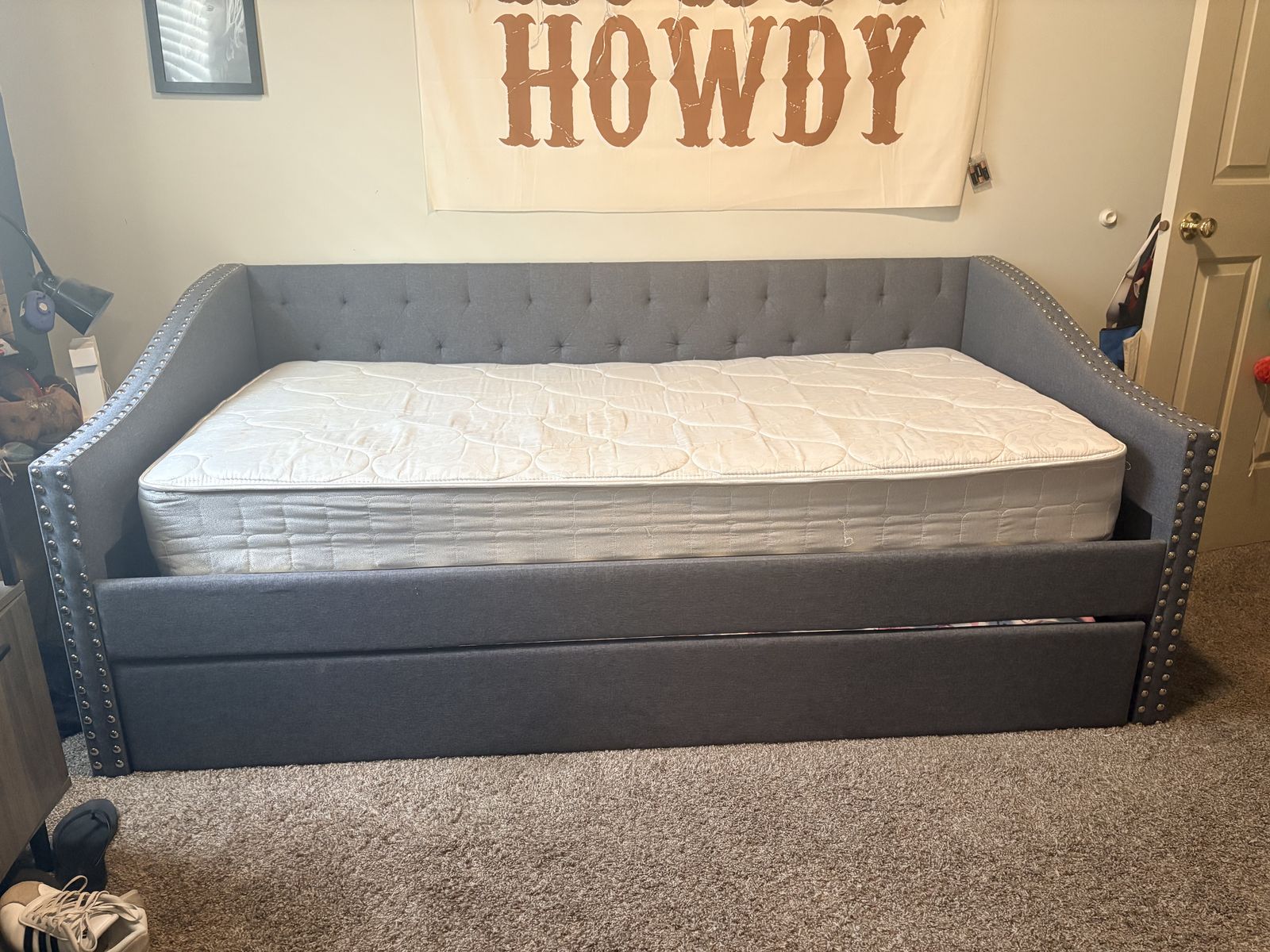Gray Tufted Daybed with Trundle and Mattresses - Excellent Condition Twin Size