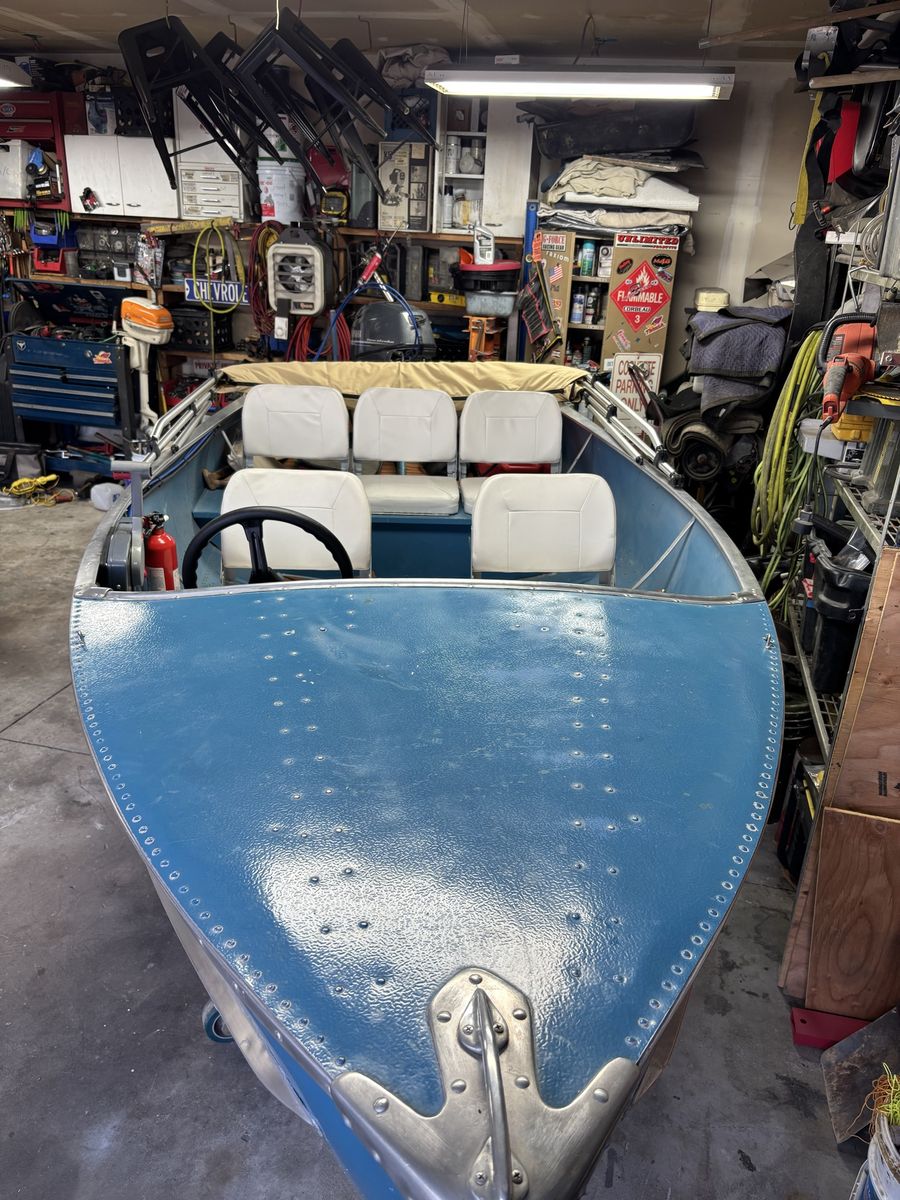 Vintage Feather Craft Aluminum Motorboat with Bimini Top and Outboard Engine 14 foot feather craft