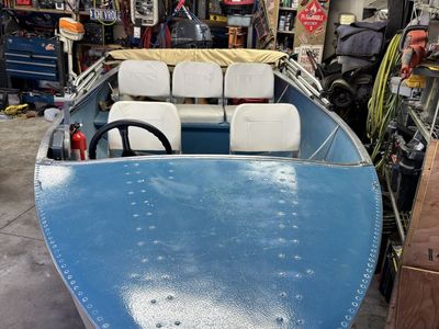 Vintage Feather Craft Aluminum Motorboat with Bimini Top and Outboard Engine 14 foot feather craft