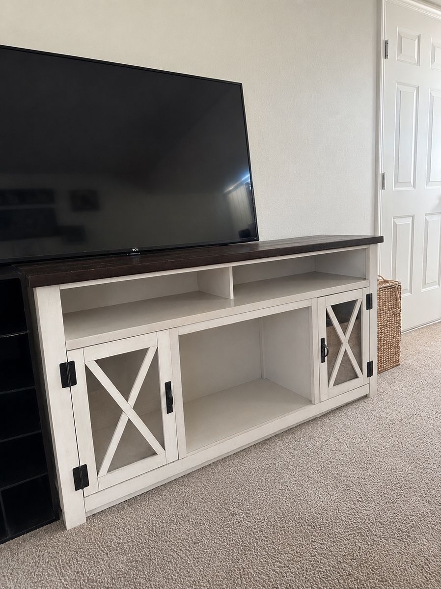 Farmhouse TV Stand Media Console, Rustic White with Dark Top, Storage Doors, & Shelves