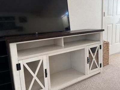 Farmhouse TV Stand Media Console, Rustic White with Dark Top, Storage Doors, & Shelves
