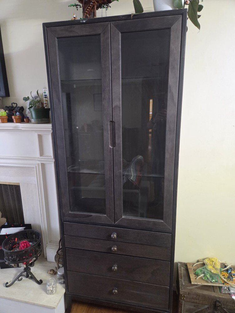 2 Dark Display Cabinets with Glass Doors and Drawe