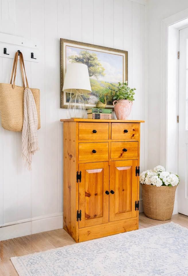 Vintage Solid Wood Handmade Cottage Style Entryway Cabinet Coffee Station Console Cabinet