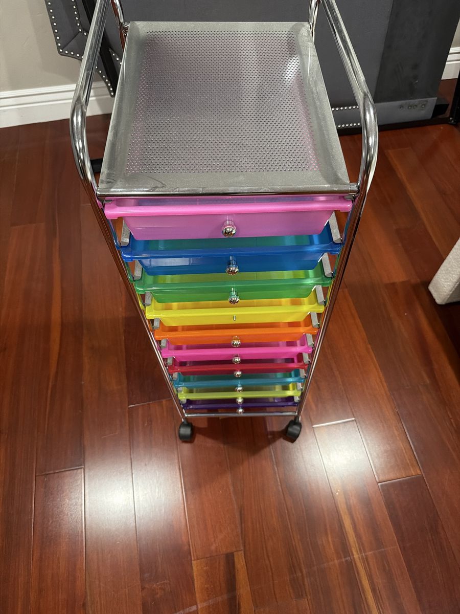 Rolling Storage Cart with Multi-Color Rainbow Plastic Drawers and Metal Frame