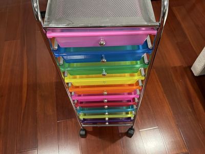 Rolling Storage Cart with Multi-Color Rainbow Plastic Drawers and Metal Frame