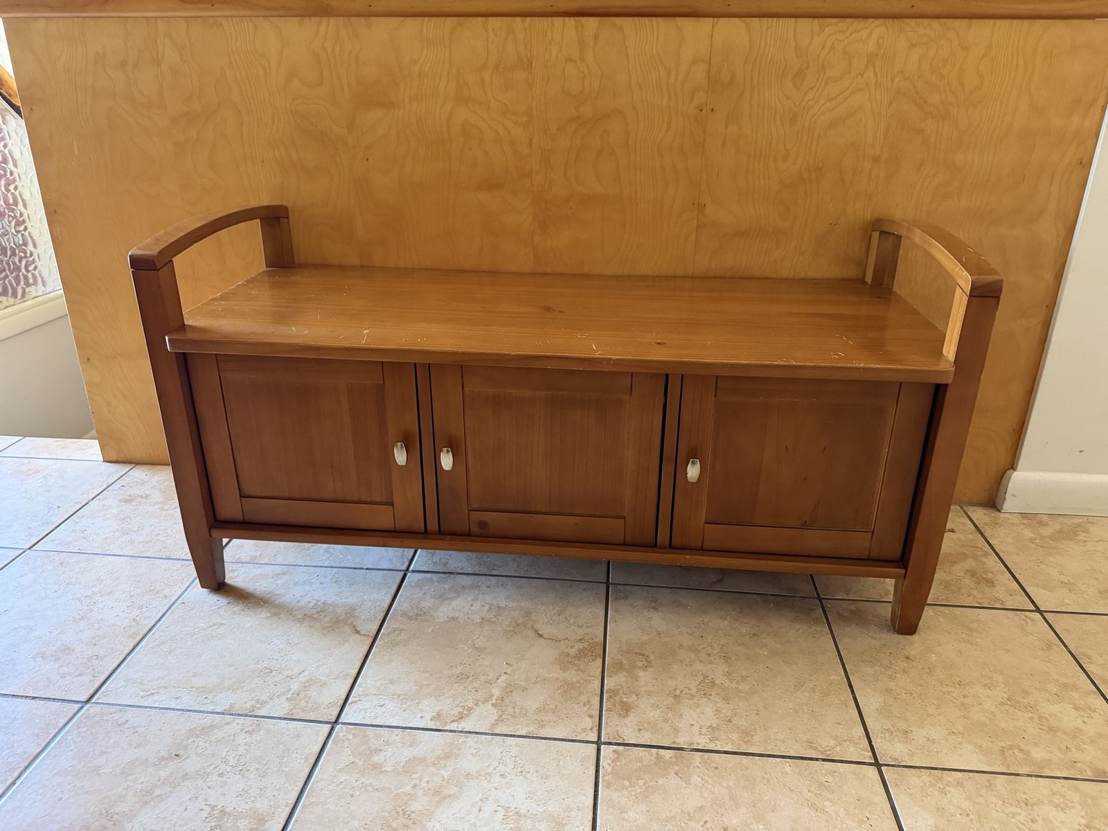 Wooden Entryway Storage Bench with 3 Cabinets, Medium Oak Finish