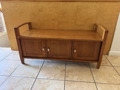 Wooden Entryway Storage Bench with 3 Cabinets, Medium Oak Finish