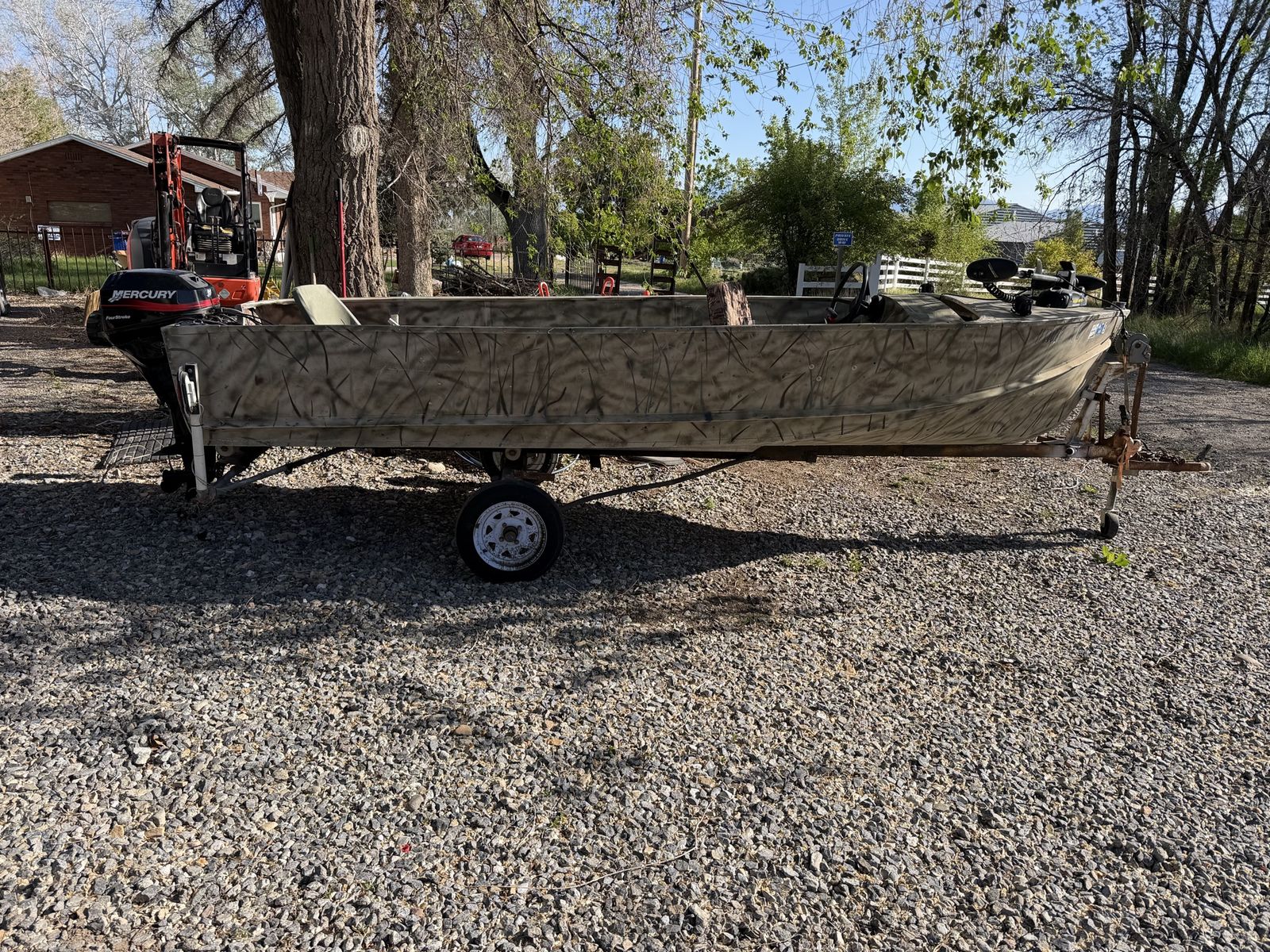 Camouflage Aluminum Jon Boat with Mercury Outboard Motor and Trailer