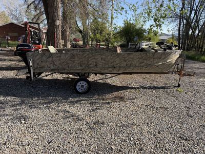 Camouflage Aluminum Jon Boat with Mercury Outboard Motor and Trailer
