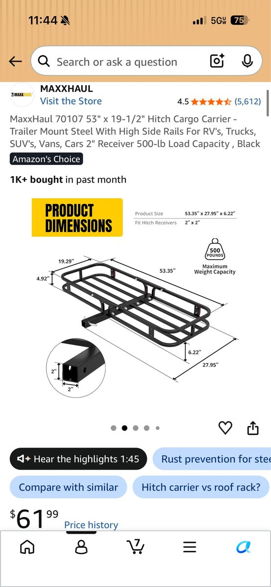 MaxxHaul 70107 53" x 19.5" Steel Hitch Mount Cargo Carrier Basket (500 lb Capacity)