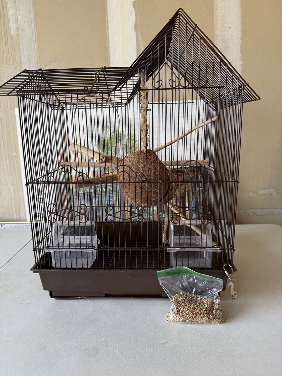 Brass Metal House-Style Bird Cage starter kit - includes two feeders and Seed