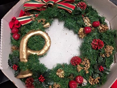 Holiday decorations: 3 wreaths; garland; bows; Christmas tree stand