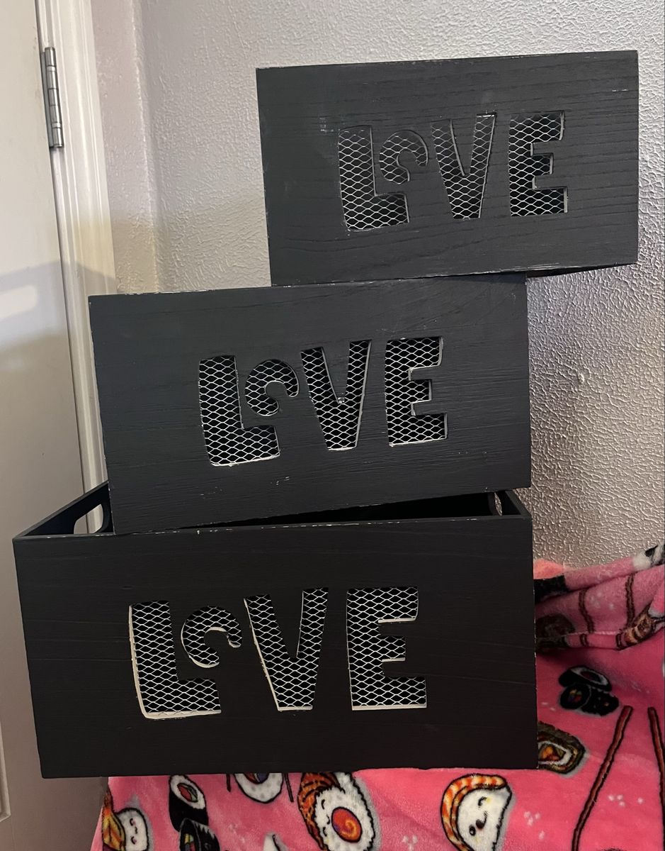 Set of 3 Black Wooden LOVE Cutout Storage Crates with Wire Mesh