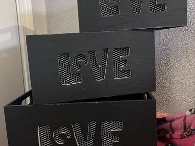 Set of 3 Black Wooden LOVE Cutout Storage Crates with Wire Mesh