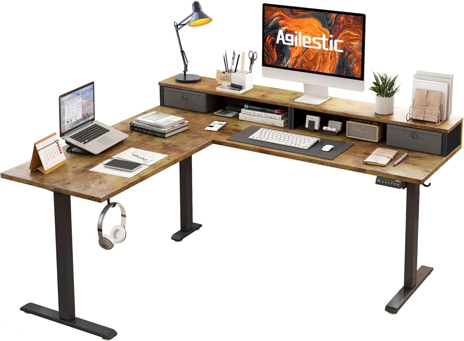 Agilestic 63" L Shaped Electric Standing Desk Adjustable Height 2 Drawers