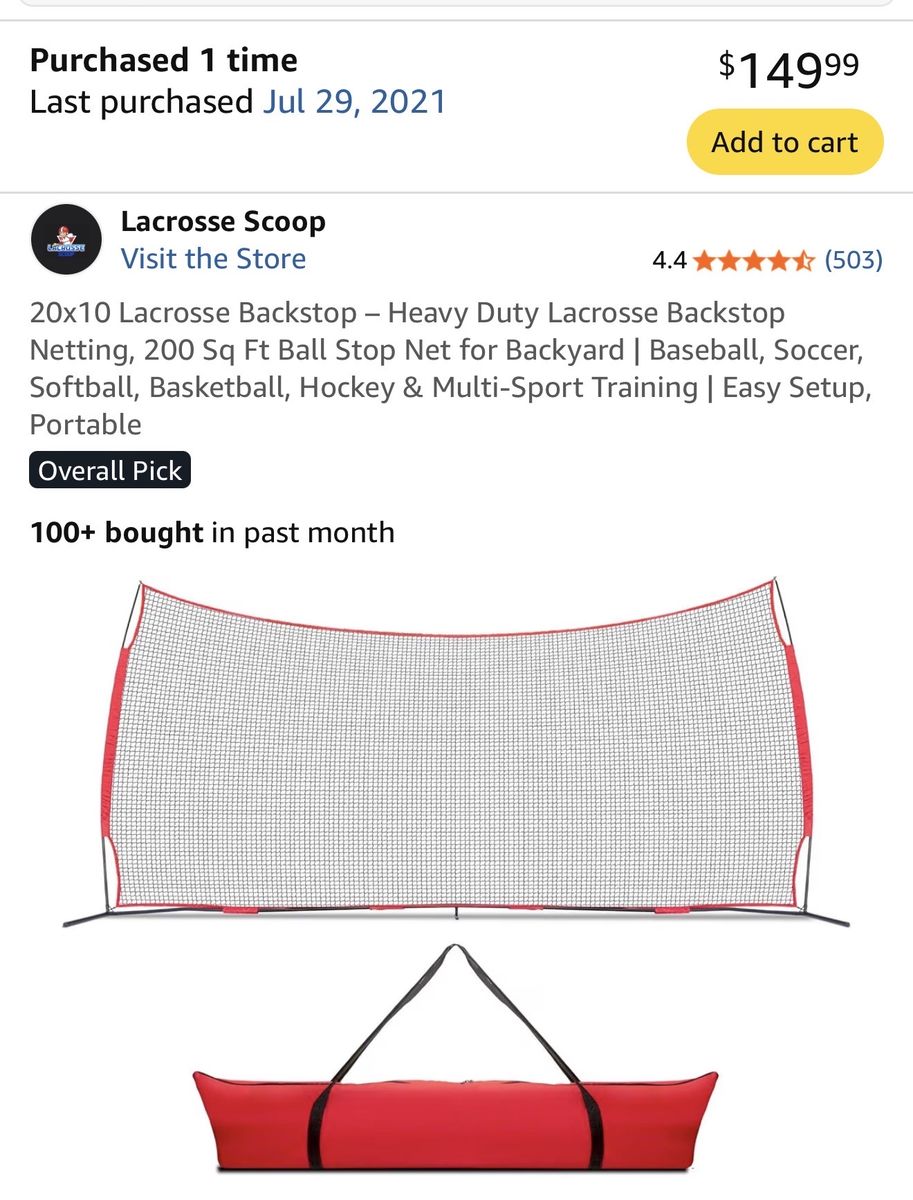 Sports net back stop (lacrosse, etc.)