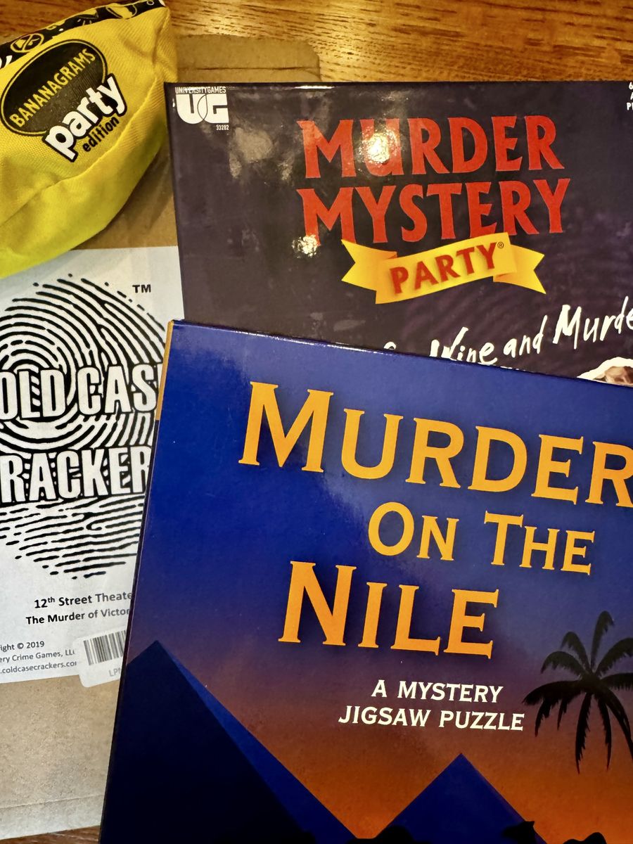 Assorted 4 Games Lot: Bananagrams Party, Murder Mystery Party, Cold Case Crackers, Murder on the Nile