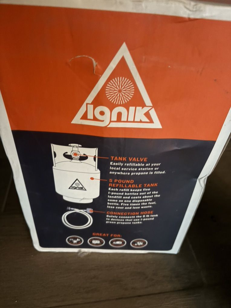 New Ignik 5 lb Refillable Propane Tank + Hose