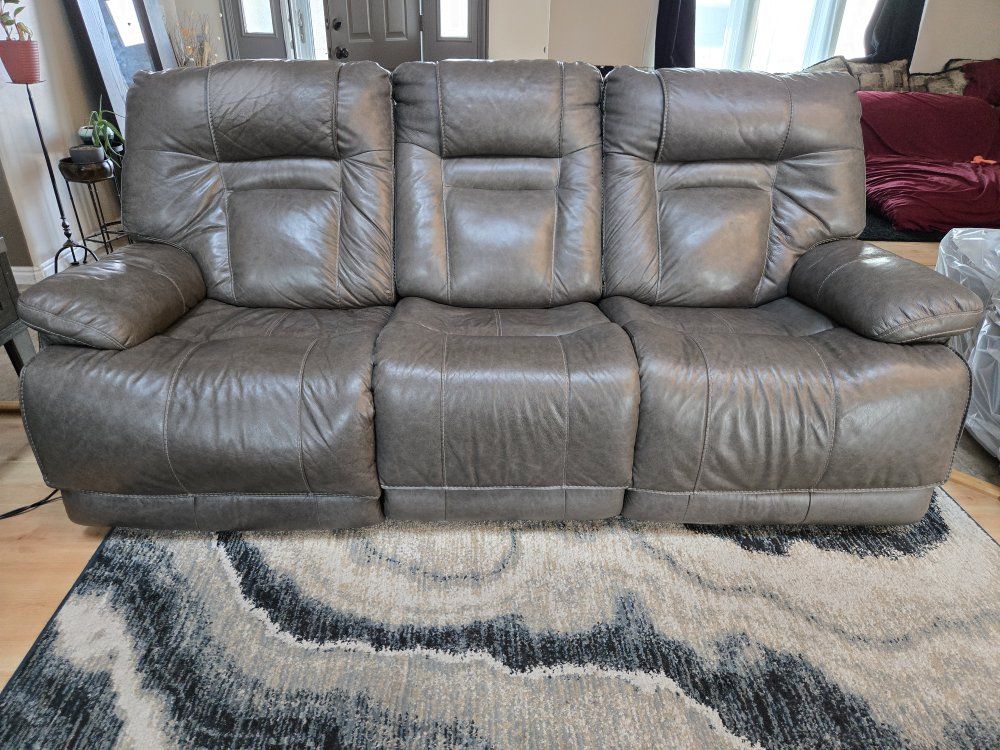 Gray Faux Leather Reclining Sofa and Loveseat Set with Center Console