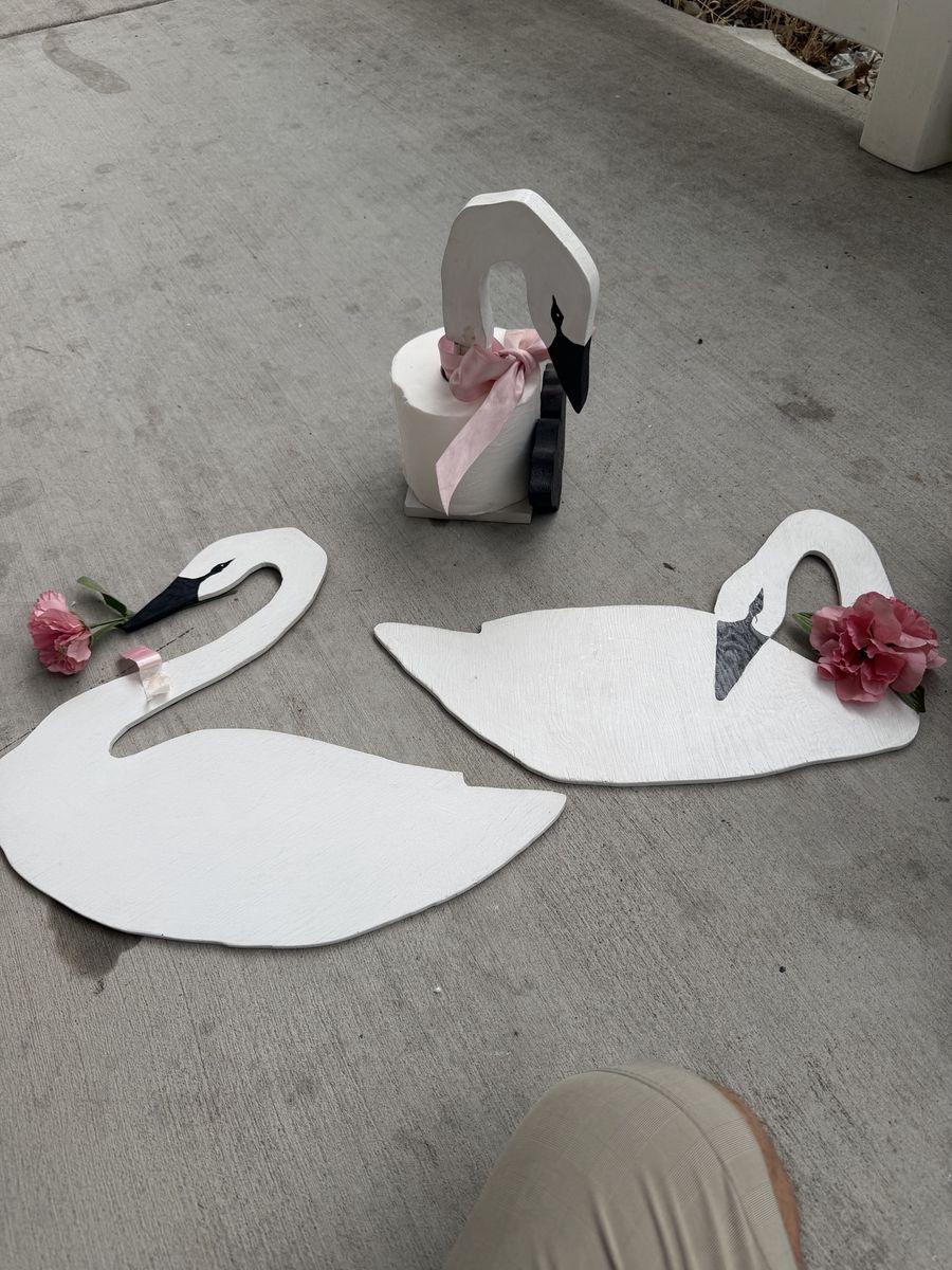 Decorative Swan Figurines - Set of 3 White Wooden Swans with Pink Flower Accents