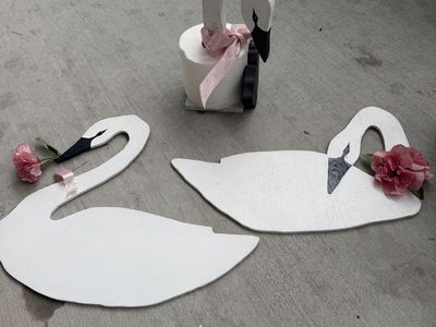 Decorative Swan Figurines - Set of 3 White Wooden Swans with Pink Flower Accents