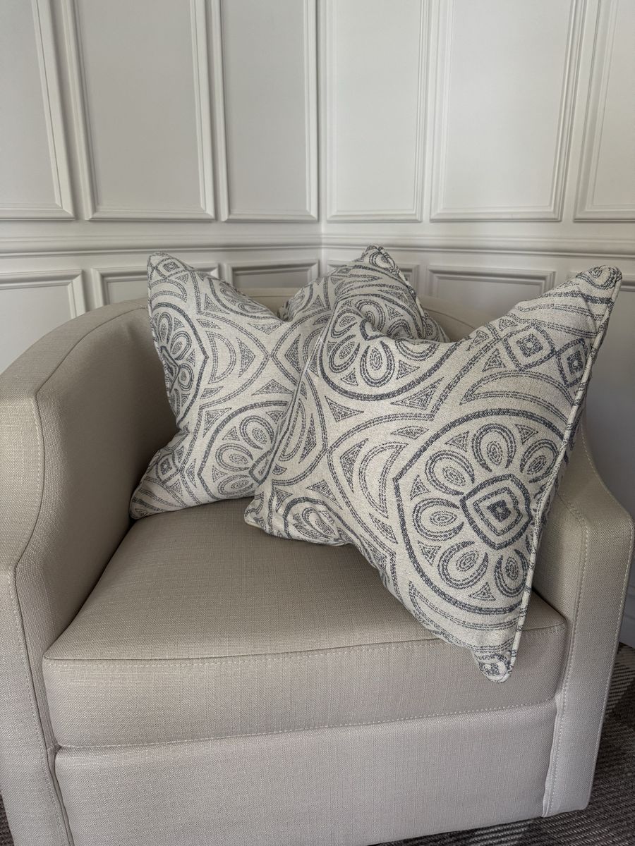 Pair of 18” Blue & Cream Patterned Throw Pillows – Feather/Down