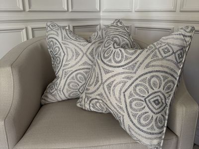 Pair of 18” Blue & Cream Patterned Throw Pillows – Feather/Down
