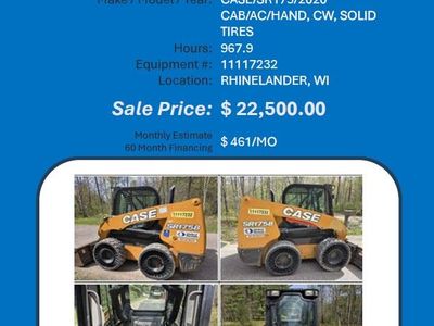 Skid Steer Case SR175 2020 Cab AC Solid tires 967 hrs great buy Rhinelander WI