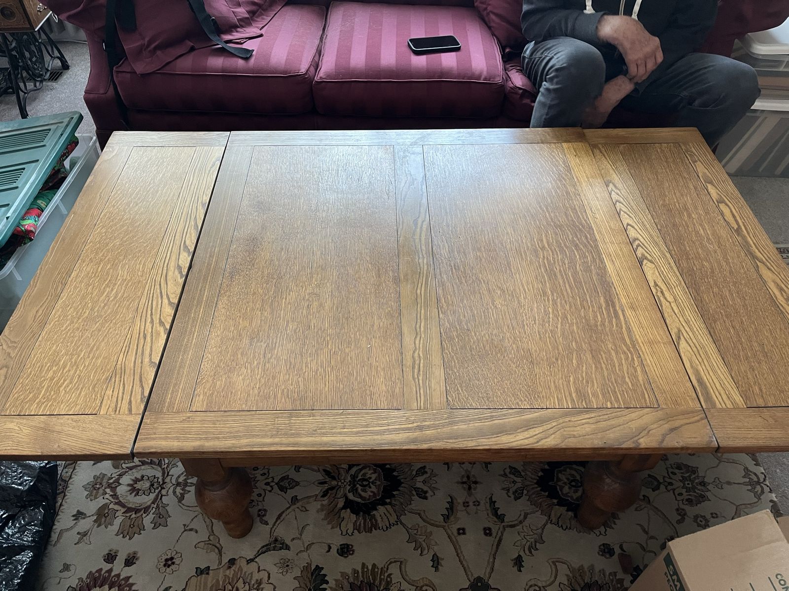 Oak Dining Table turned into coffee table. Trestle Base - Extendable with Leaves, 6-8 Seater