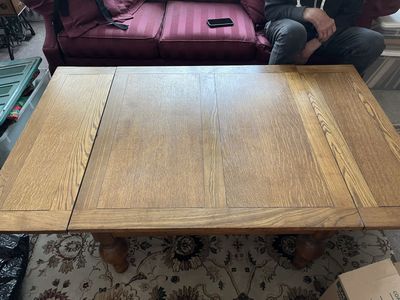 Oak Dining Table turned into coffee table. Trestle Base - Extendable with Leaves, 6-8 Seater
