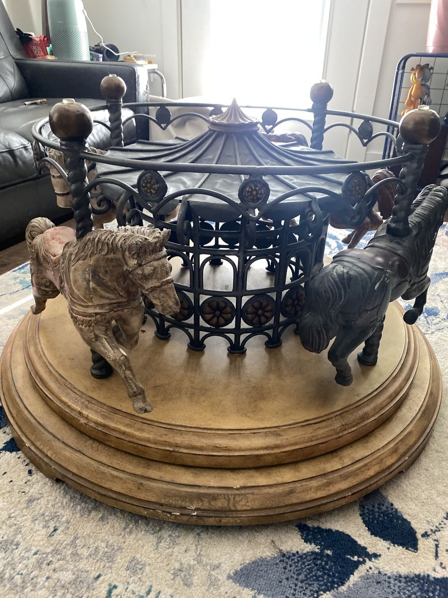 Unique Carousel Coffee Table - Metal & Wood with 4 Horse Accents - Decorative Furniture