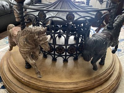 Unique Carousel Coffee Table - Metal & Wood with 4 Horse Accents - Decorative Furniture
