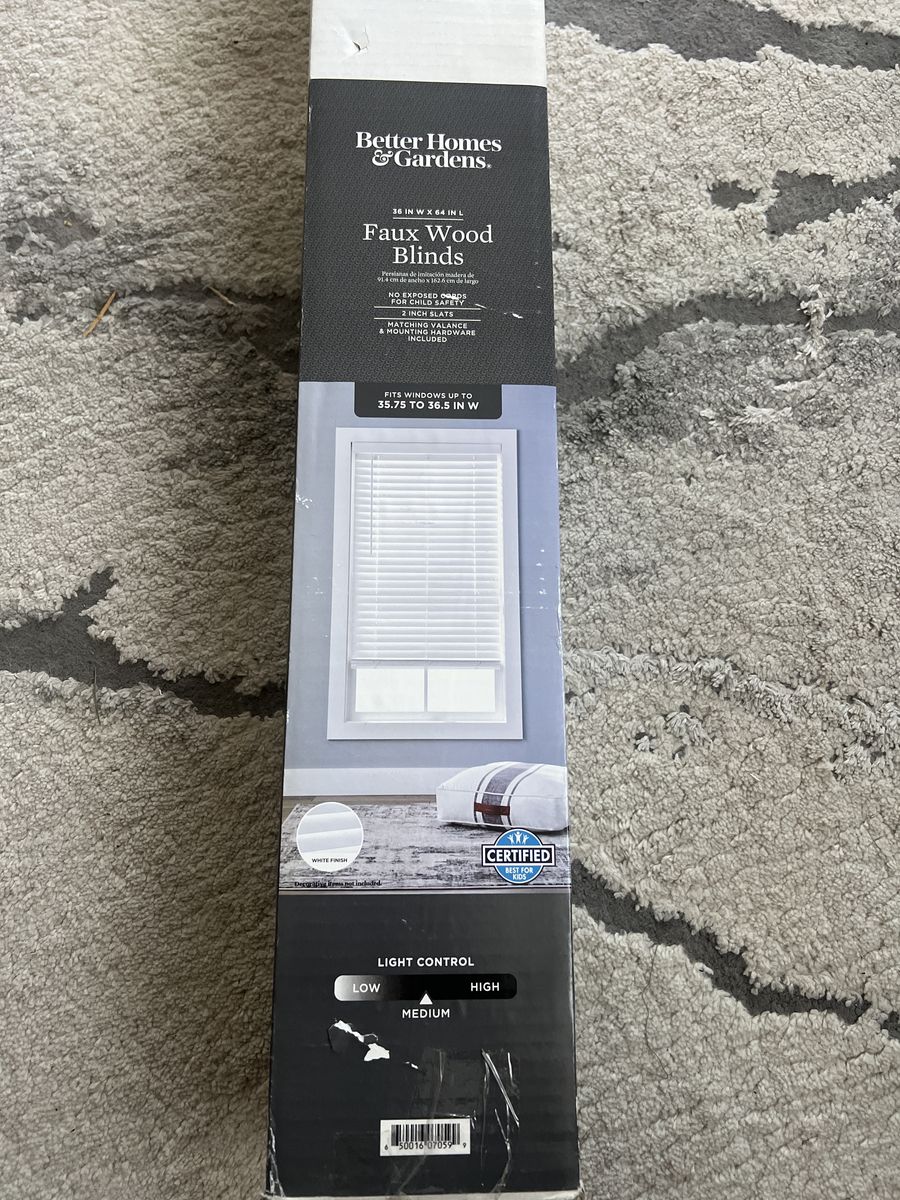 Better Homes & Gardens 36"W x 64"L Faux Wood Blinds - White, Cordless, 2" Slats