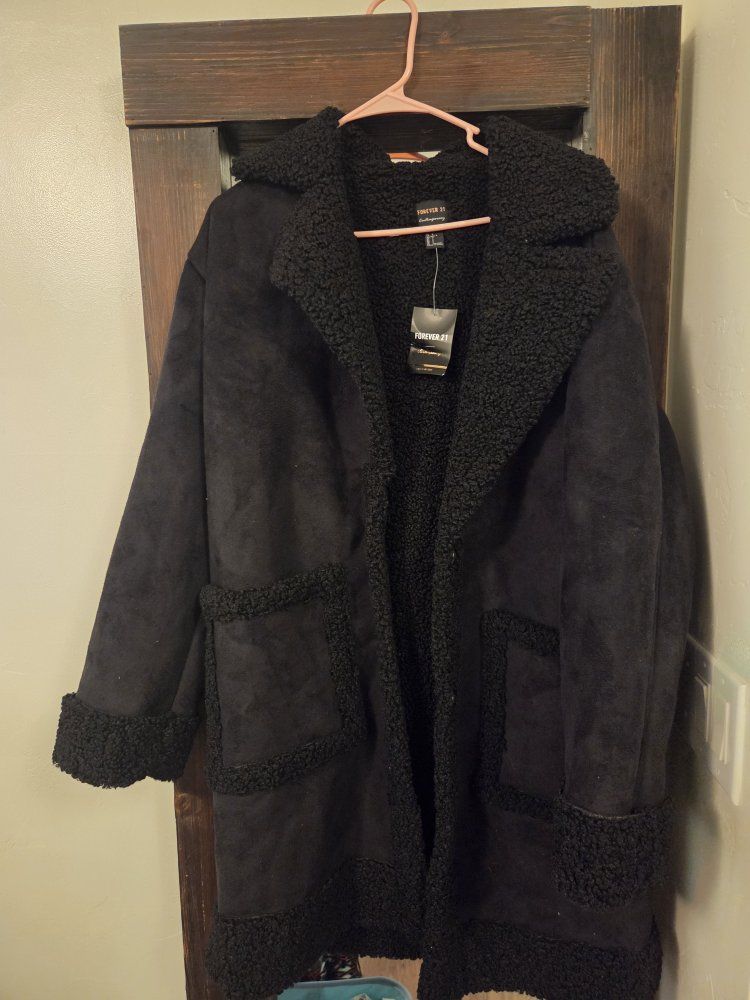 Forever 21 Contemporary Black Faux Fur Lined Suede Duster Coat - Size Large - New with Tags