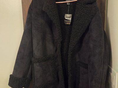 Forever 21 Contemporary Black Faux Fur Lined Suede Duster Coat - Size Large - New with Tags