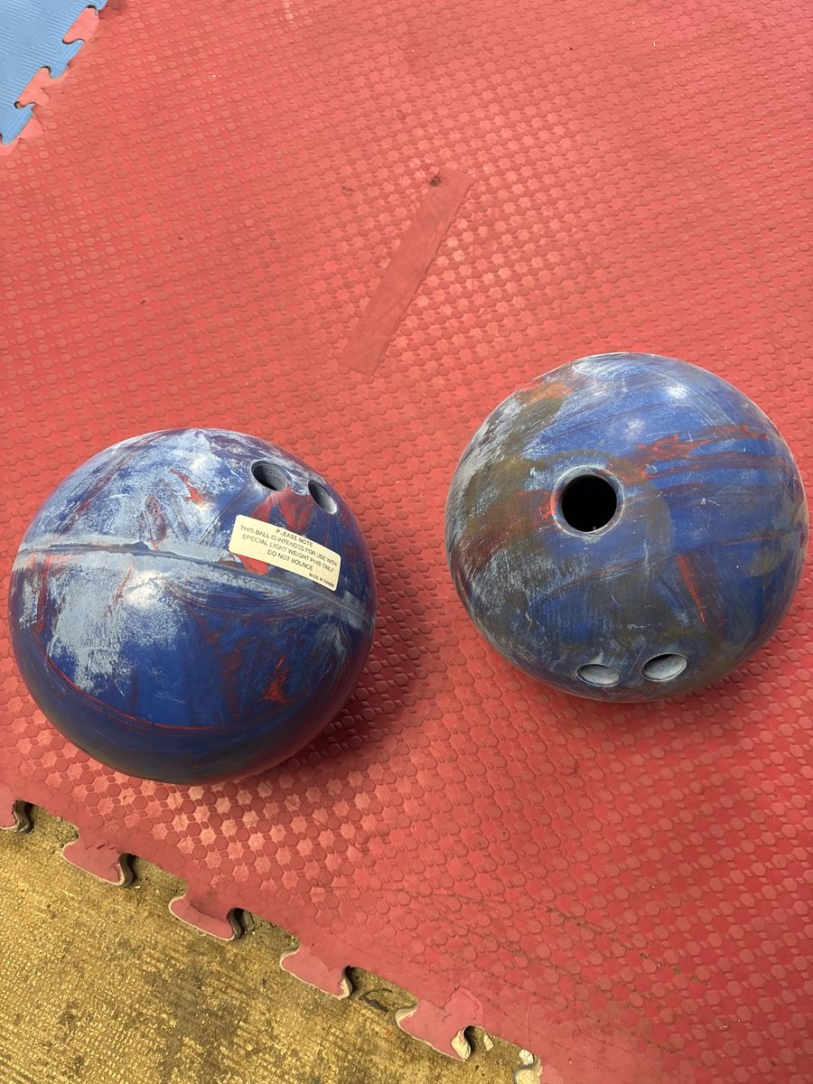 Pair of Blue and Red Swirl Bowling Balls - Light Weight Pins Only, Do Not Bounce