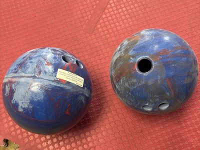 Pair of Blue and Red Swirl Bowling Balls - Light Weight Pins Only, Do Not Bounce