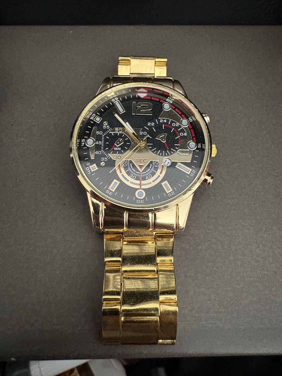 Men's Gold Tone Watch with Black Chronograph Dial
