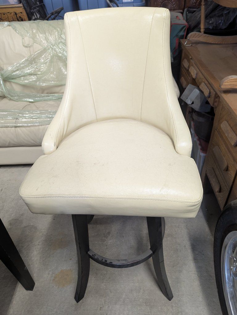 Cream Upholstered Bar Stool with Dark Wood Legs - Tall Back, Swivel Feature