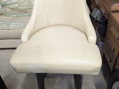 Cream Upholstered Bar Stool with Dark Wood Legs - Tall Back, Swivel Feature