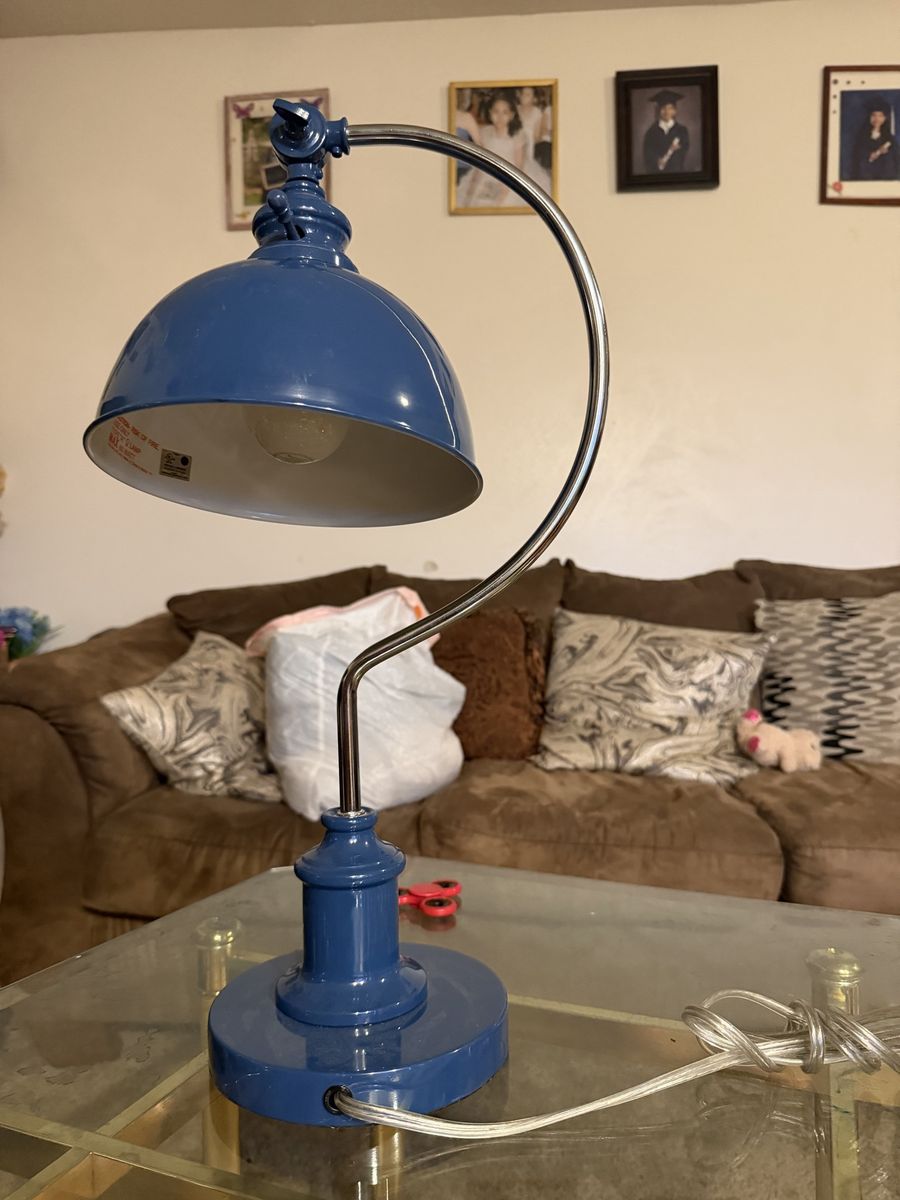 Blue Desk Lamp with Chrome Curved Neck and Adjustable Shade