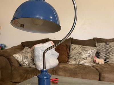 Blue Desk Lamp with Chrome Curved Neck and Adjustable Shade