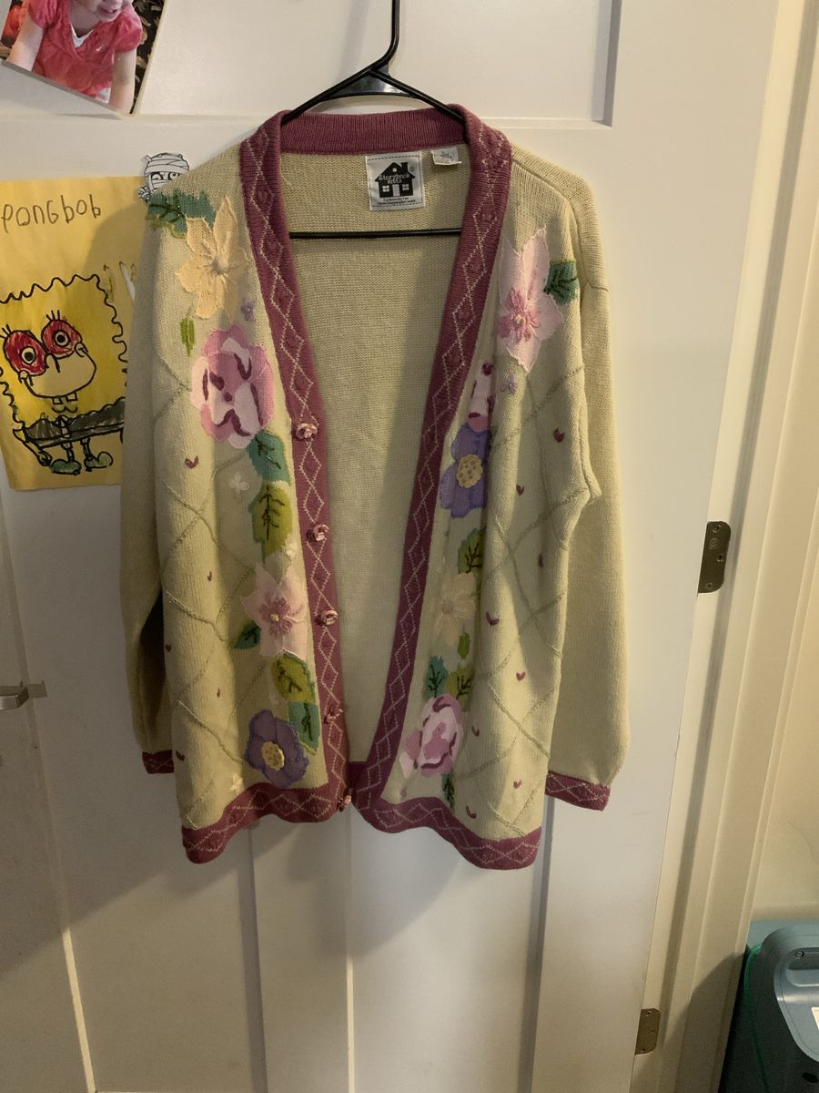 Storybook Knits Women's Size L Yellow Floral Embroidered Open Front Cardigan Sweater