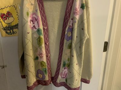 Storybook Knits Women's Size L Yellow Floral Embroidered Open Front Cardigan Sweater