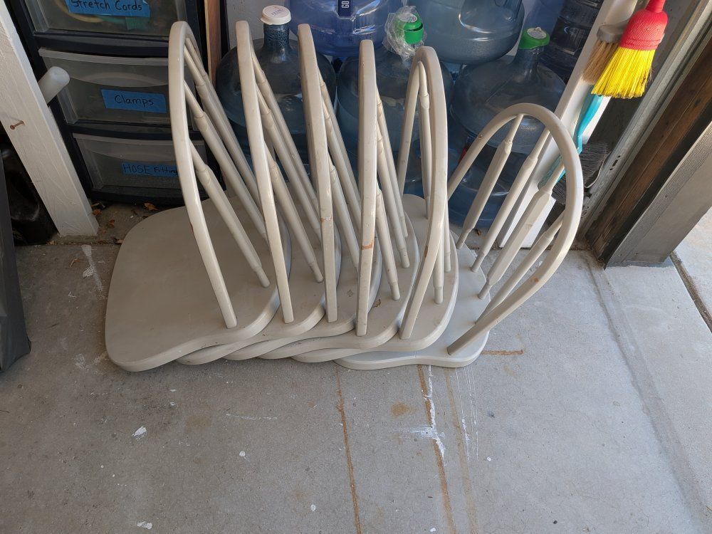 Set of Light Gray Wooden Windsor hanging Dining Chairs.  (Free)